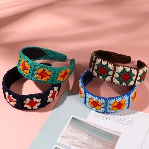 Crochet Headband for Women, Handmade Sunflower & Checkered Hair Accessories, Stretchable Boho Hair Band (Red-Royal Blue, Checkered) - color: Red-Royal Blue