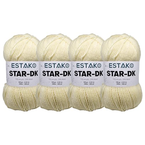 Estako Star-DK Soft Yarn for Crocheting, DK Weight 3, 4-Pack, Cream | 75% acrylic 25% wool, 4 skeins, 400 g, 1224 yds, amigurumi, granny squares, socks, beanies, mittens, plush toys - color: 30299 - Cream, size: Pack of Four