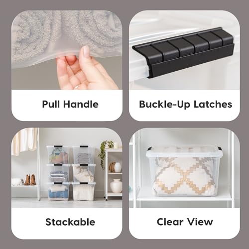 IRIS USA 4 Pack Clear Plastic Storage Bins with Latching Lids, 40 Qt | Transparent design makes contents easy to find. Perfect for moving, blankets, clothing, and garage storage. Nestable design - color: Clear, size: 40 Qt, style: 4 Pack