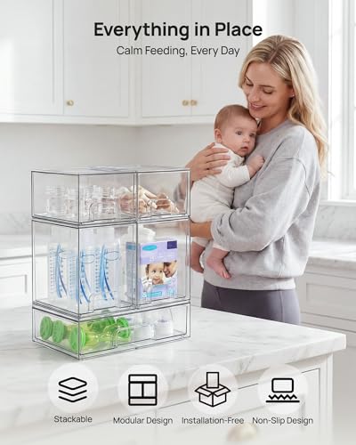 Vtopmart Clear Stackable Storage Drawers Set of 5, Plastic Organizer Bins | Multi-purpose Boxes for Baby Bottle Storage, Ideal for Kichen, Vanity, Bathroom, Undersink, Cabinet, Pantry Organization - style: 2 Small+2 High+1 Wide