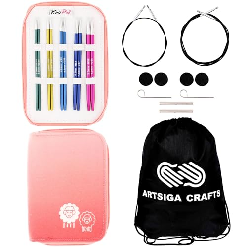 KnitPro Zing Starter 5-Inch Interchangeable Circular Knitting Needle Set | US 2.5, 4, 6, 7, 8 Incl. 2 Memory-Free Cables, 4 Caps, 2 Keys, Fabric Case & Project Bag