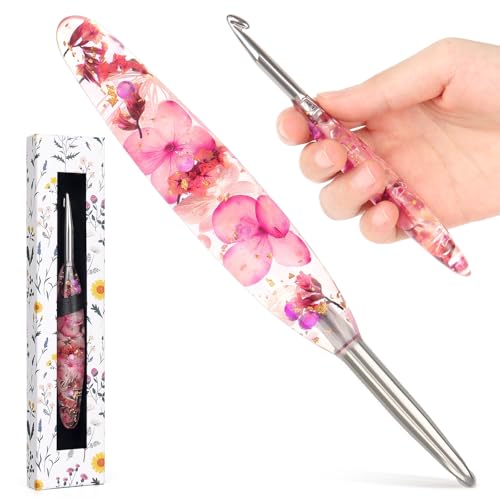 Katech 6.5mm Crochet Hook for Arthritic Hands,Hand-Polished Stainless Steel | Ergonomic Crochet Hooks with Customized Sparkle Dried Floral Grip, Smooth Tapered Hook-Crochet Gift for Beginner & Crocheter - size: 6.5mm