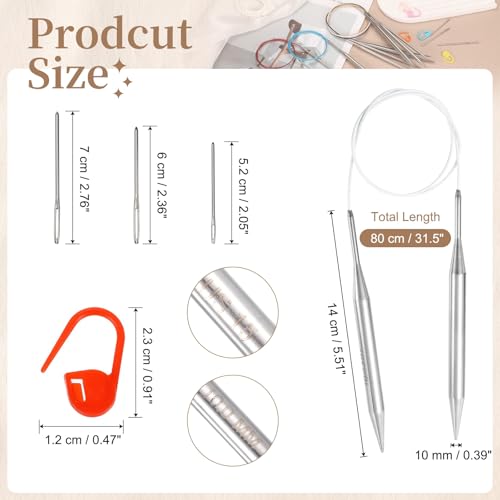 HARFINGTON Circular Knitting Needle Set US Size 15 (10mm) 31.5" Long Stainless Steel Round Knitting Needles with Large-Eye Blunt Needles Stitch Markers for Sock Sweater Gloves, White - color: White, size: 10mm/31.5"