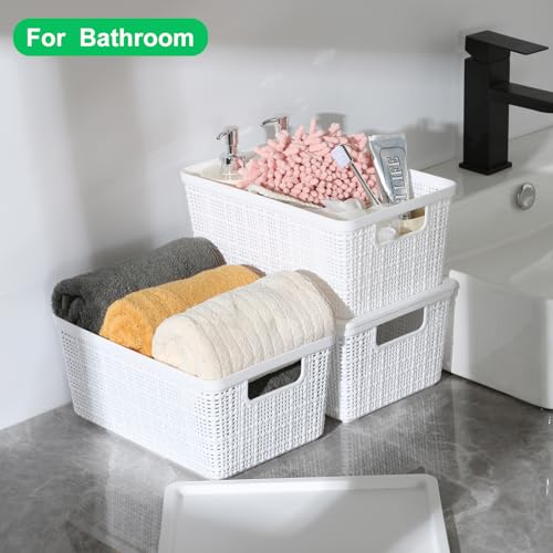 6 Pack Plastic Storage Baskets with Lid,White Stackable Bins | Durable Woven Plastic With handle Breathable,Save space,For Organizing Desktops, Closets, Playrooms, Classrooms, Offices - color: White