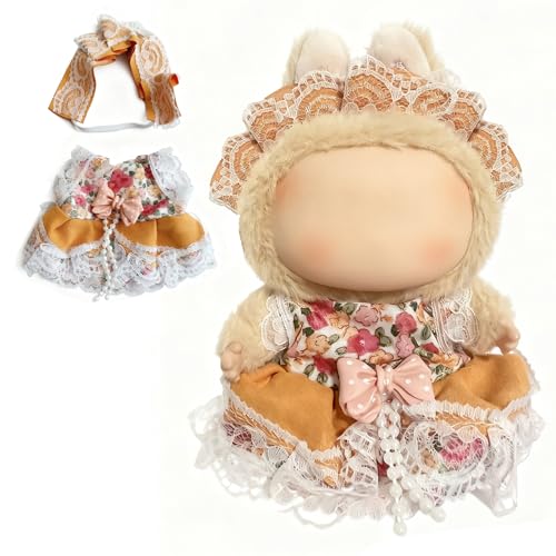 Doll Clothes for Labubu 15cm/17cm Dolls,Outfit for Labubu,Dress and Hairpin Set for Labubu Dolls Cute Stylish Dress Up Set(NO Doll) - color: Warm Tan Floral