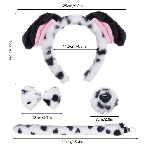 Jmkcoz 4 Pcs Dalmatian Dog Costume Set Puppy Dog Ears Headband and Tail Nose Bow Tie for 100 Days of School Halloween Cosplay - color: Black