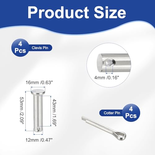 uxcell 4Pcs M12x50mm Clevis Pins, 304 Stainless Steel Single Hole Flat Head Hitch Fastener Lock Systems with Cotter Pins for Furniture Installation Trailer Lawn Mower, Silver - size: M12x50mm