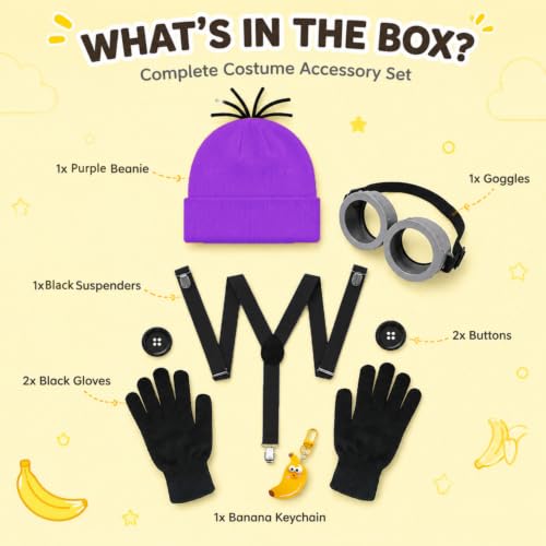 Cartoon Character Costume Accessory Kit Adult Men Women Halloween Costumes | Funny Easy Halloween Costumes Accessories Beanie Hat Goggles Gloves Banana Keychain for Birthday Themed Party Dress Up Set - color: Purple - 6pcs