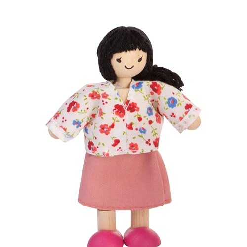 PlanToys® Mother Wooden Poseable Dollhouse Figurine 1:12 Scale 5-Inch Doll | mom character, doll house people accessories, bendable arms, kids pretend play, storytelling learning gift ages 3+ for girls - color: Asian Mom