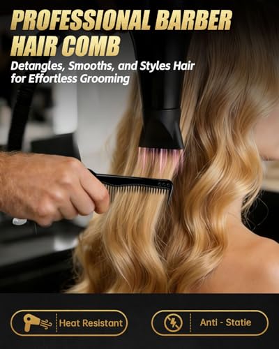 Rotatable Hair Comb, 8" Fine & Wide Tooth Comb with Bonus 9" Rat Tail Comb | Professional Hair Comb for Men Women, Carbon Fiber + ABS, Rounded Teeth, Heat Resistant for Hair Stylists, Barbers - color: Black
