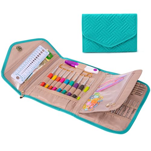 Crochet Hook Case - Foldable Organizer for Knitting & Crochet Supplies - Knitting Accessories - color: Teal, size: 7 Inches