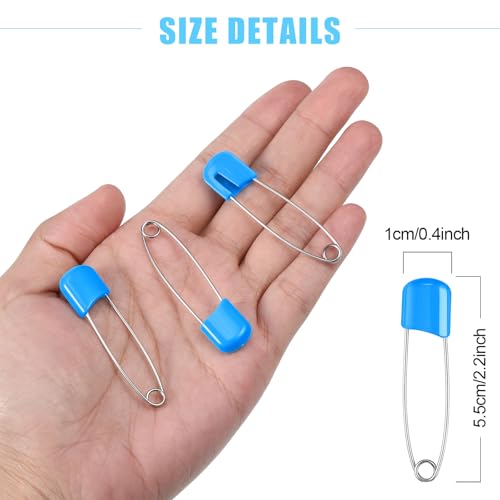 WILLBOND 100 Pcs Large Safety Pins for Clothes,with Bag, Blue | Plastic Head with Locking Closures, Heavy Duty Nappy Pins Hooks, 2.2 Inch Fasteners, Stainless Steel, Velvet Bag - color: Blue
