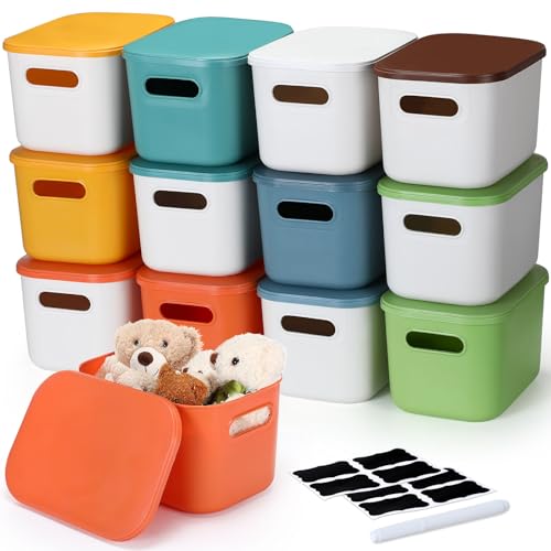 Thyle 12 Pack Stylish Color Storage Bins with Lids for Classroom | Stackable with Handles and Labels, Organizer for Toy Craft Classroom Storage, Shelf Bedroom Organizing, 10x7x6 Inch - color: Stylish Color