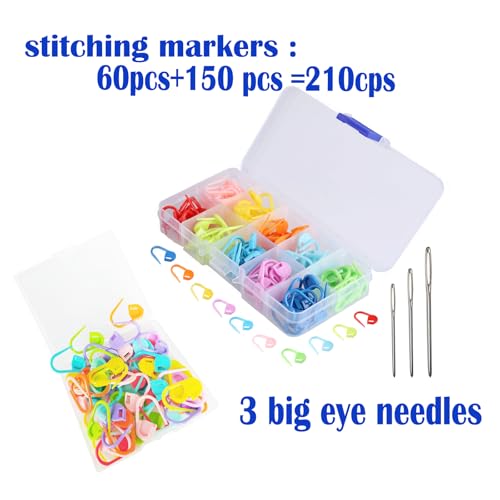 210-Piece Knitting & Crochet Accessory Set - 10-Color Locking Stitch Markers, Needle Clips, Counters, DIY Craft Safety Pins (Colors Shipped Randomly) + 3 Sizes of Big Eye Metal Needles