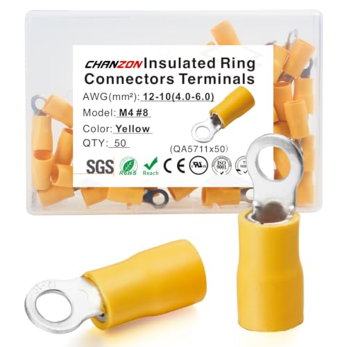 Chanzon 50pcs Yellow #8 M4 Ring Terminals 12-10AWG UL Recognized Insulated | Eyelet Wire Connector Gauge Electrical Crimp Connector for Boat Truck Stereo Car - size: 4mm Ring, style: 12-10AWG