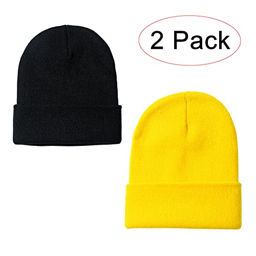 NPJY Unisex Beanie for Men and Women Knit Hat Winter Beanies | Warm-Keep & All-Size, Comfortable & Durable, Soft for Winter Weather - color: Black+yellow