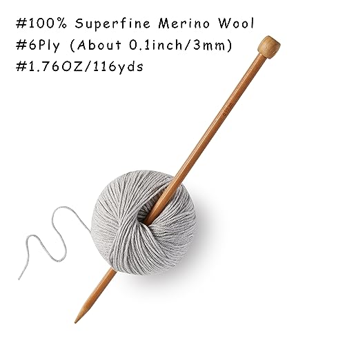 100% Merino Wool Yarn, 6-Ply Luxurious and Soft Yarn for Hand Knitting & Crocheting, 1.76 OZ/50g, 127 yds/116 Meters (Light Gray, 3 Balls) - color: light gray, size: 3 balls