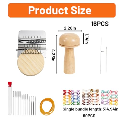Dovbuqu Mini Darning Loom Kit, Mushroom Knit Patch Set with 14 Hooks and 60 Color Threads, DIY Weaving Repair Tool for Mending Socks, Sweaters, and Creating Decorative Stitches