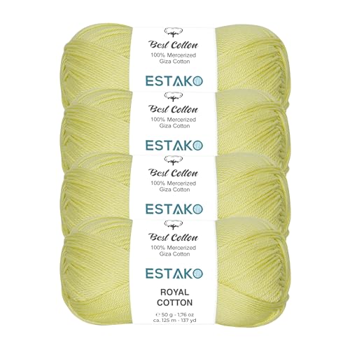 Estako Royal Cotton, 100% Mercerized Giza Cotton Yarn, Light Yellow, 4-Pack | soft, silky sheen, super fine, fingering 1, sock weight, 200 g, 548 yds, baby clothes, summer tops - color: 5059 - Light Yellow, size: 4 Skeins