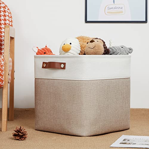 DULLEMELO Cube Storage Bins - 4 Pack Foldable Large Storage Baskets 12 inch Gifts Empty Fabric Bins for Home Office Cubes Organizer Closet, Shelves, Toy, Nursery (4 Pack - 12" White&Khaki) - color: White&Khaki, size: M-12"x 12"x12"