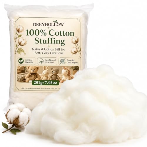 GREYHOLLOW 100% Cotton Stuffing for Stuffed Animals 0.44lbs (201g) | Natural Cotton Fiber Filling for Crafts, Crochet & DIY Projects, OEKO-TEX Certified