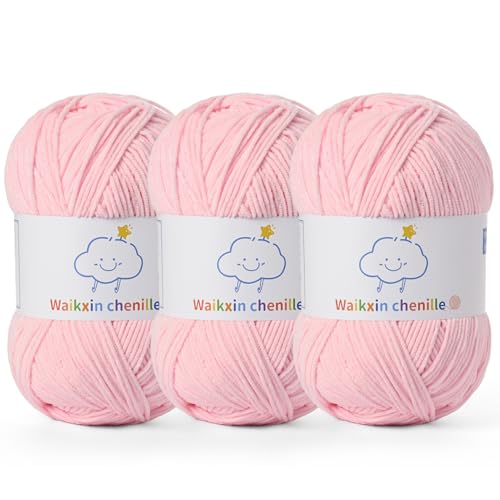 Fluffy Chenille Yarn for Crocheting，Baby Yarn for Crocheting Soft，3 Pack of 100g/3.5oz Velvet Amigurumi Yarn ，Fingering Weight Yarns for Crocheting Baby Blankets、DIY Craft.(3 Light Pink) - color: 3 Light Pink