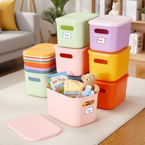 Thyle 12 Pack Pastel Colorful Plastic Storage Bins with Lids 7 Quart Toy Storage Box Stackable Nestable Organizer Boxes with Handle and Labels for Classroom Shelf Bedroom Desktop Toys School Supplies - color: Macaron Color