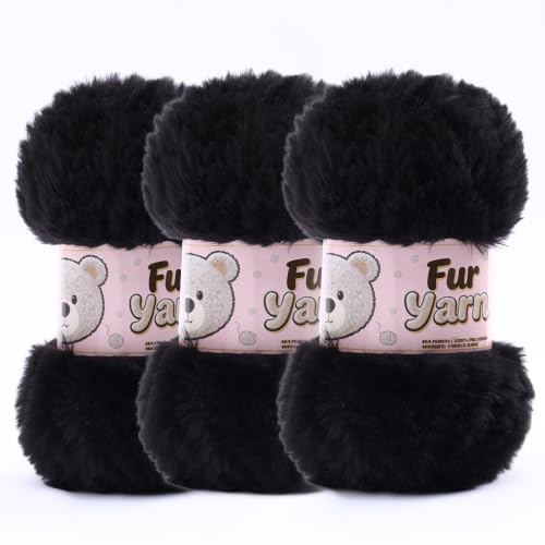 3 Skeins Faux Fur Yarn Soft Fluffy for Crocheting - Chunky Fuzzy Yarn for Crochet Amigurumi, Blankets, Scarves and Sweaters - Each 3.5 oz/100 g, 71 yds/65 m (3, Black) - color: Black