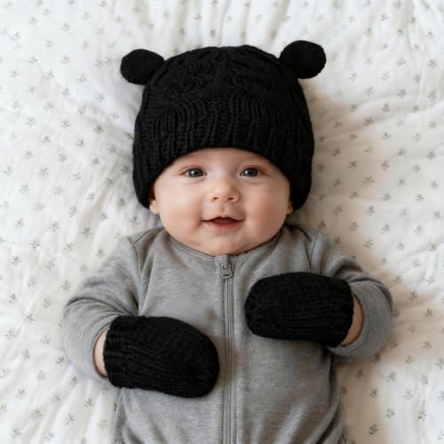 Baby Winter Hat Mittens Set Knitted Beanie Gloves for Baby Girls Boys Newborn Infant Toddler Autumn Winter - color: Black