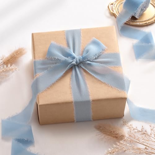DORIS HOME Handmade Frayed Fringe Chiffon Ribbon 1" x 21Yd Dusty Blue | Fabric Ribbon, For Flower Bouquet/Gift Wrapping/Wedding Invitations/Christmas Decorations/Party Decor - color: Dusty Blue