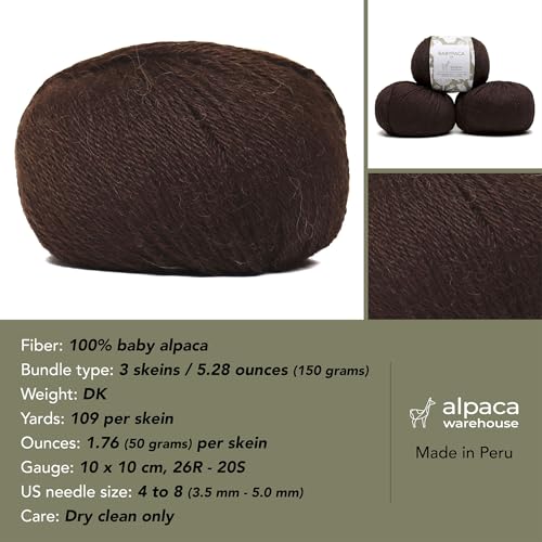 100% Baby Alpaca Yarn 3 Skeins 150g DK Weight Knitting Crochet Dark Brown | Made in Peru with natural warmth and softness featuring 327yd of premium fiber ideal for scarves shawls sweaters and more - color: Dark Brown, size: DK