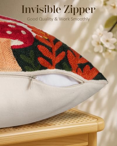 Embroidered Throw Pillow Cover 18x18 Inch, Mushroom Moon | Decorative Pillow Cover, Boho Cottagecore Cushion Case with Hidden Zipper, Home Decor for Couch, Sofa, Living Room, Bedroom - color: Mushroom Moon, size: 18" x 18" (Pack of 1)