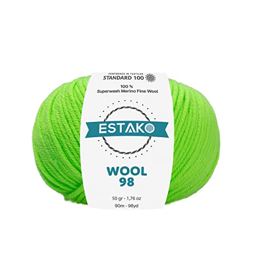 Estako Wool 98 100% Superwash Merino Wool Worsted Weight Yarn, Pistachio | 1.76 oz, 98 yds, cyc 4 medium, aran, machine washable, 5 mm needles, 6 mm hook, 20 sts gauge, crocheting, sweaters - color: 6391 - Pistachio, size: 1 Skein