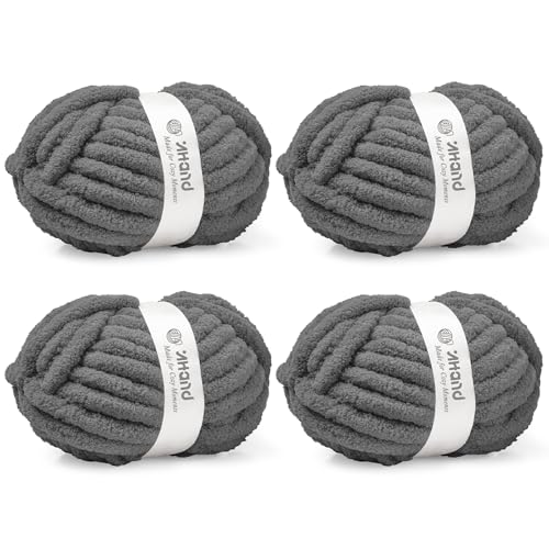 Inhand Chunky Chenille Yarn for Hand Knitting,Thick Bulky Blanket Yarn for Crocheting,Soft Fluffy Yarn for Crochet Birthday Gifts for Men/Women/Beginners,4 Pack (29.5Yds/8.4oz Each),Deep Gray - color: Deep Gray, size: 4 Pack