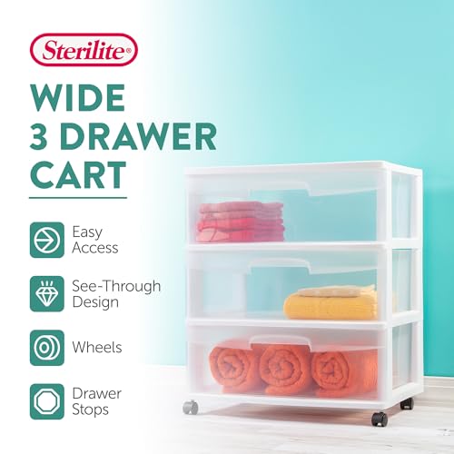 Sterilite Wide 3 Drawer Storage Cart, Plastic Rolling Cart with Wheels to Organize Clothes in Bedroom, Closet, White with Clear Drawers, 1-Pack