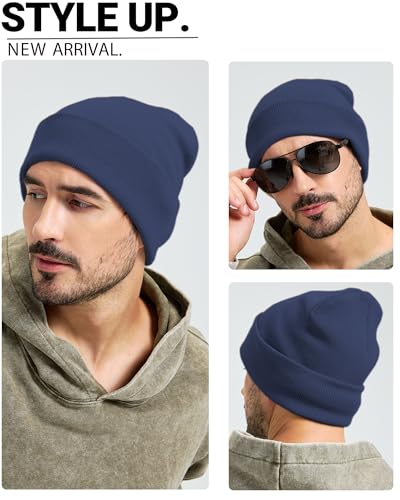 100% Cotton Beanie Lengthen Cuffed Beanies Knit Winter Hats Unisex | Double-Layer Warmth,Ultra-Soft 100% Cotton Knit,Long Non-itchy,Snug No-Slip Stretch Fit,Warm Winter Skull Cap - color: 1-navy Blue