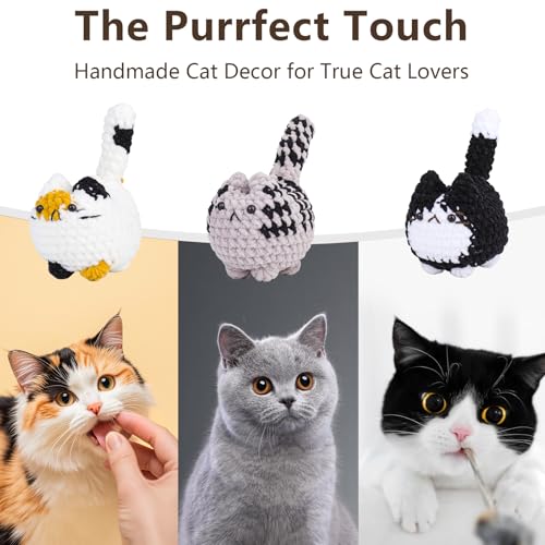 3 pcs Crochet Cats for Desk Decor, Cute Mini Handmade Knitted Cats for Shelf or Office Decor, Gifts for Women and Cat Lovers