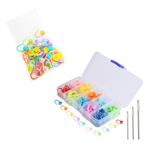 210-Piece Knitting & Crochet Accessory Set - 10-Color Locking Stitch Markers, Needle Clips, Counters, DIY Craft Safety Pins (Colors Shipped Randomly) + 3 Sizes of Big Eye Metal Needles