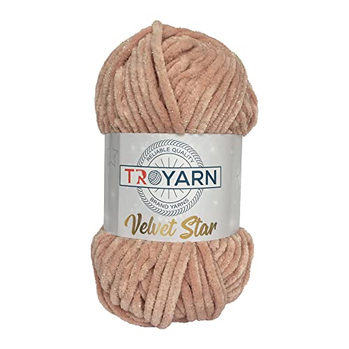 Troyarn Velvet Star, Silvery Glitter Chenille Baby Blanket Yarn Amigurumi Yarn for Crocheting and Knitting Super Bulky 100 gr (120 yds) Length: 110 m (10442 - Shell, 1 Skein) - color: 10442 - Shell, size: 1 Skein