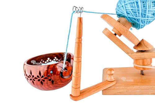 WARESHIRE Yarn Bowl and Ball Winder Combo Wooden Handmade Hand Operated | Natural Yarn Ball Winder Large Center Pull Cake with Tabletop Wooden Yarn Bowl 6x3 inches | Yarn Ball Holder (Bowl+Beech) - color: Bowl+Beech