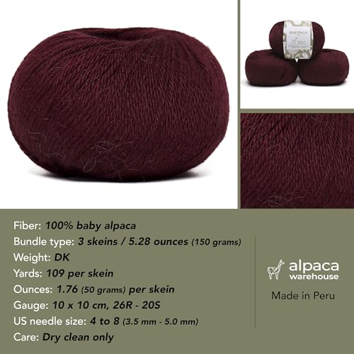 100% Baby Alpaca Yarn 3 Skeins 150g DK Weight Knitting Crochet Burgundy | Made in Peru with natural warmth and softness featuring 327yd of premium fiber ideal for scarves shawls sweaters and more - color: Burgundy, size: DK