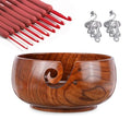 Wooden Yarn Bowl Holder, Craft Knitting Bowl with 9pcs Silicone Crochet Hooks and Crochet Ring, 6 Inch Yarn Storage Crochet Bowl Set Gift for Knitters Women Mother Grandma