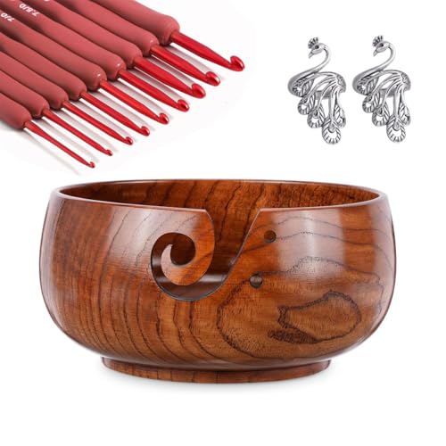 Wooden Yarn Bowl Holder, Craft Knitting Bowl with 9pcs Silicone Crochet Hooks and Crochet Ring, 6 Inch Yarn Storage Crochet Bowl Set Gift for Knitters Women Mother Grandma