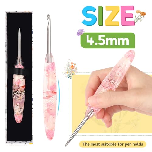 Katech 4.5mm Crochet Hook for Arthritic Hands,Hand-Polished Stainless Steel | Ergonomic Crochet Hooks with Customized Sparkle Dried Floral Grip, Smooth Tapered Hook-Crochet Gift for Beginner & Crocheter - size: 4.5mm