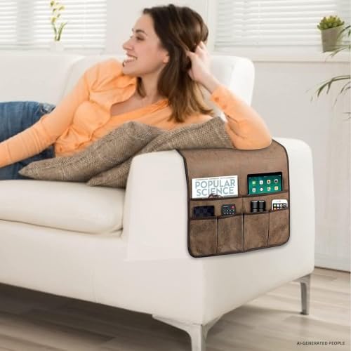 HAOMAIJIA Sofa Armrest Organizer, Remote Control Holder for Recliner Couch | Anti Slip Arm Chair Bedside Caddy Storage Organizer With 6 Pockets For Cell Phone Tv Remote Control Magazines (brown) - color: brown, size: 35 Inches × 19.3 Inches