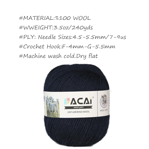 Facai Merino Wool Yarn Sock Yarn - 100% Pure Merino Wool Roving for Knitting, 1-Ball Set, 3.5oz (240 Yards), Worsted Weight (1, Navy) - color: Navy