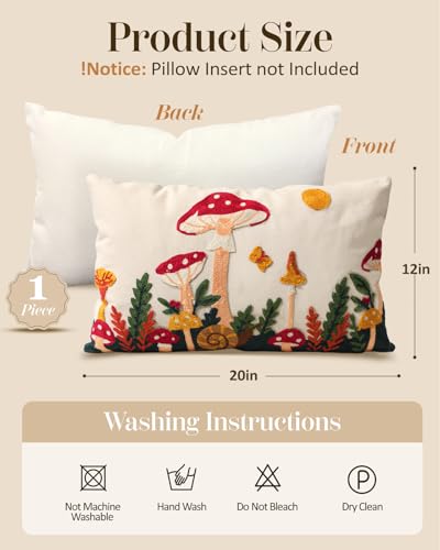 Embroidered Lumbar Pillow Cover 20x12 Inch, Mushroom Moon | Decorative Throw Pillow Cover, Boho Cottagecore Cushion Case with Hidden Zipper, Home Decor for Couch, Sofa, Living Room - color: Mushroom Moon, size: 20" x 12" (Pack of 1)