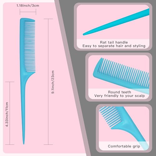 4 Pcs Rat Tail Comb Set for Women -Fine Tooth Styling comb with Pick, Anti-Static Heat Resistant Teasing Comb,Professional Hair Parting Tools for Smooth Detangling, Updos & Salon-Perfect Hairstyles. - color: Light purple-Baby blue-Blue-Green