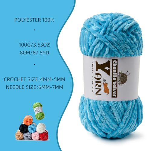 Chenille Crochet Lake Blue Yarn 2 Pack | 200g/174yds Fluffy Velvet Yarn Blanket Knitting Yarn for Crocheting Soft Baby Yarn - color: 2 Lake Blue