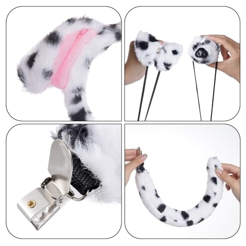 Jmkcoz 4 Pcs Dalmatian Dog Costume Set Puppy Dog Ears Headband and Tail Nose Bow Tie for 100 Days of School Halloween Cosplay - color: White & Black